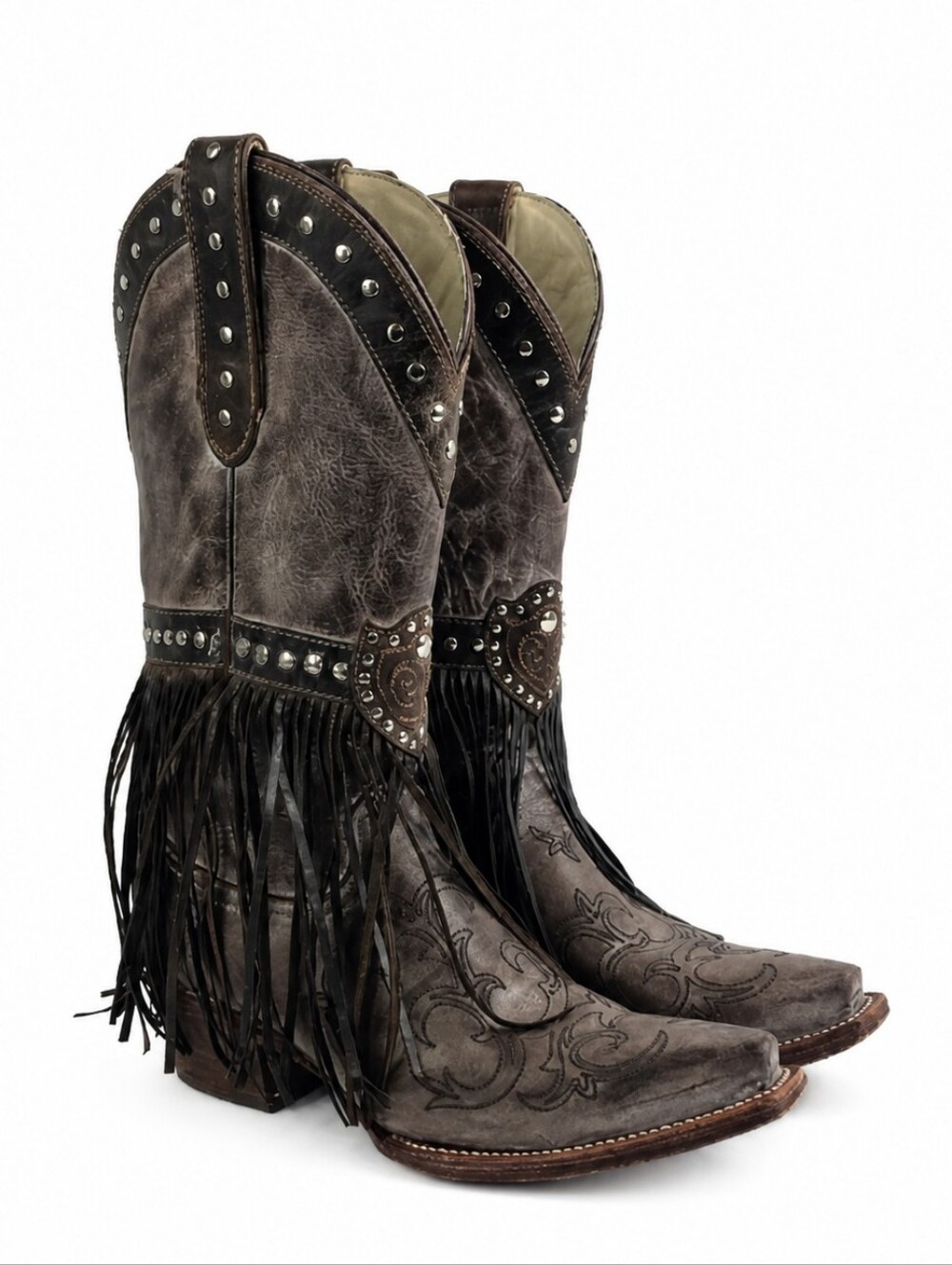J.B. Dillon Fringe Studded Brown Leather Women's Western Boots Size 8.